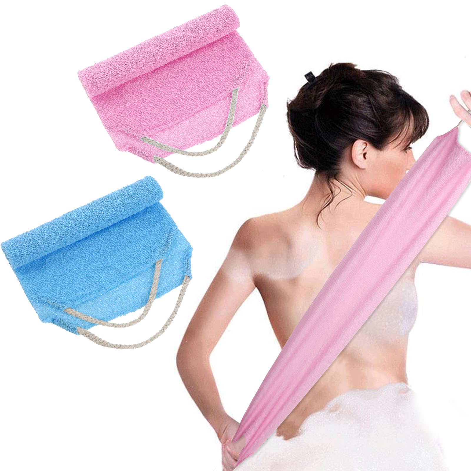 2Pcs Back Scrubber Nylon Exfoliating Washcloth Body Bath Pull Strap Scrubber with Handles Extended Length Washers Stretchable Shower Scrubber for Face Back Cleans Skin Massages Women Men(Pink+Blue)