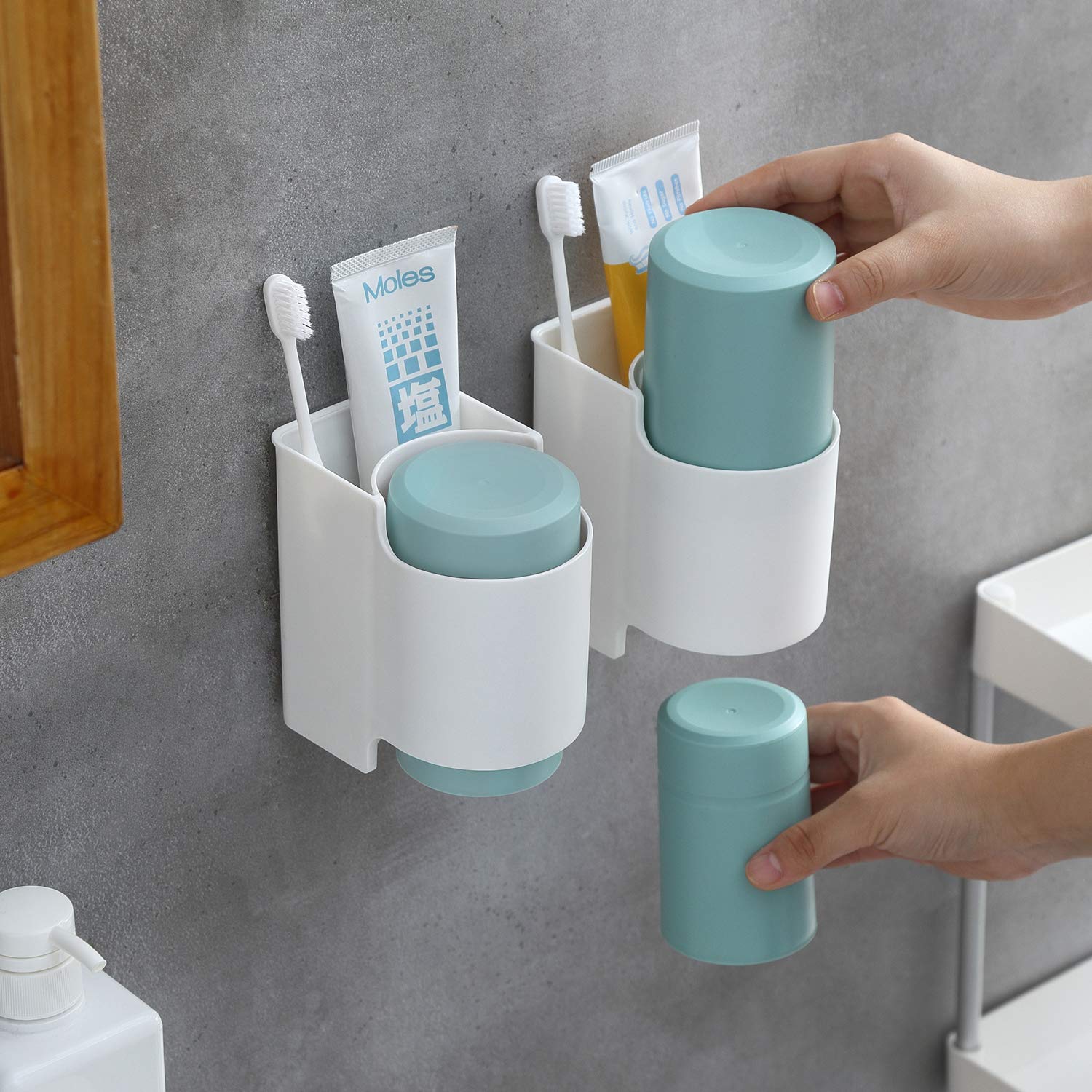 Taozun Toothbrush Holder - Self Adhesive Toothbrush Toothpaste Holder Set Bathroom Toothbrush Organizer with 2 Cups, No Drilling