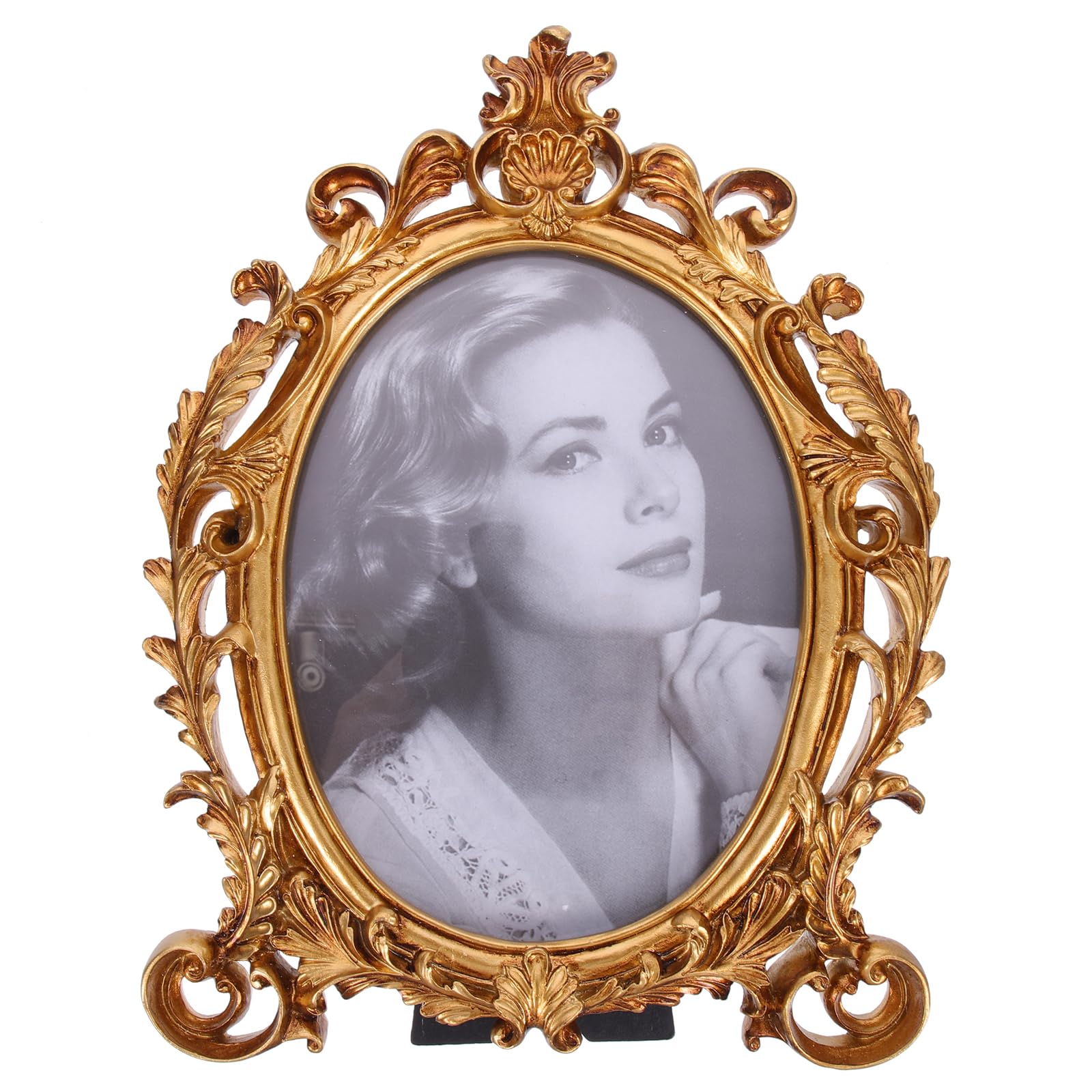 HOMSFOU European Style Photo Frame Vintage Baroque Oval Picture Frame Vertically Photo Display Holder for Home Table Decoration
