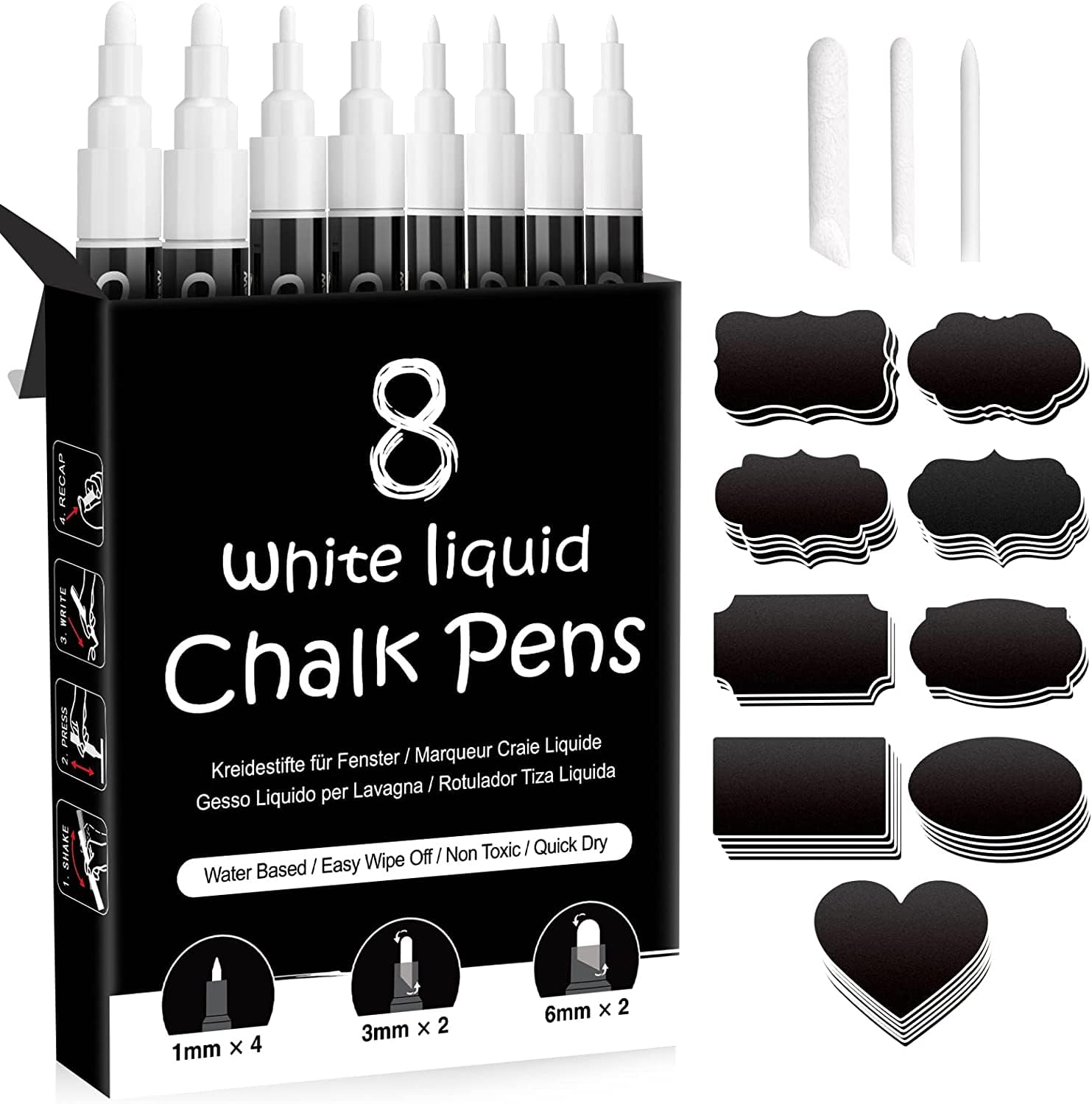 SAKEYR White Chalk Pens, 8 Liquid & Wipeable Chalk Pens for Blackboards, Glass, Windows, Car Glass, Board, Signs, Bistro