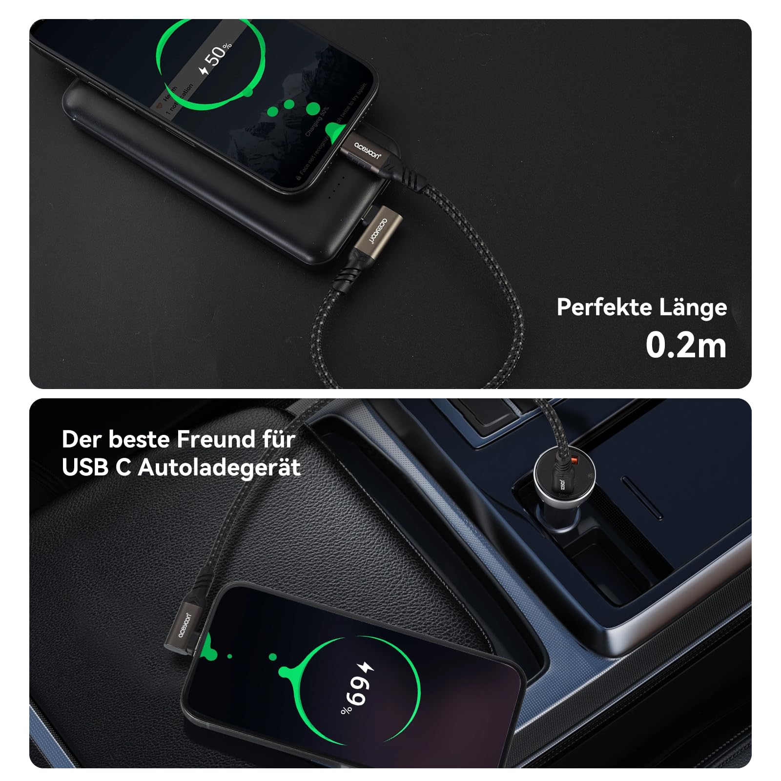 aceyoon 2 Stück 240W USB C Kabel Kurz 20cm,Winkel 90 Grad USB C auf C Kabel 5A PD Schnellladekabel USB Typ C mit E-Maker Chip für iPhone 17 16 Pro Max,für MacBook,für Galaxy S24 S23,für Huawei Mate 70 6