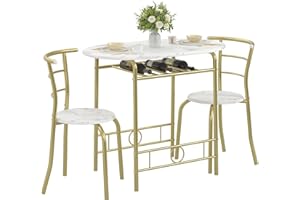 VECELO 3-Piece Dining Table Set for Kitchen Breakfast Nook, Wood Grain Oval Tabletop and Metal Frame with Built-in Wine Rack, for Small Spaces, White & Gold