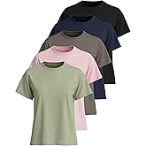 Real Essentials 5 Pack: Women’s 100% Cotton Relaxed Fit Short Sleeve T-Shirts Fashion Trendy Tees (Available in Plus Size)