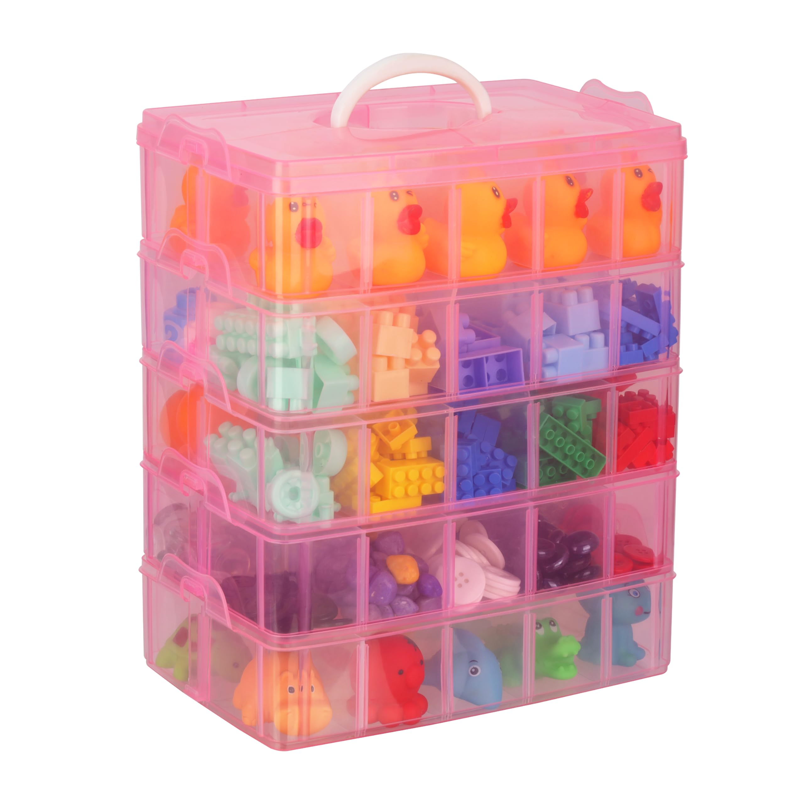 BELLE VOUS 5-Tier Craft Storage Box with 50 Compartments - Plastic Organiser Box for Medicine, Craft Supplies, Beads, Jewellery - Pink Lego Storage Drawers