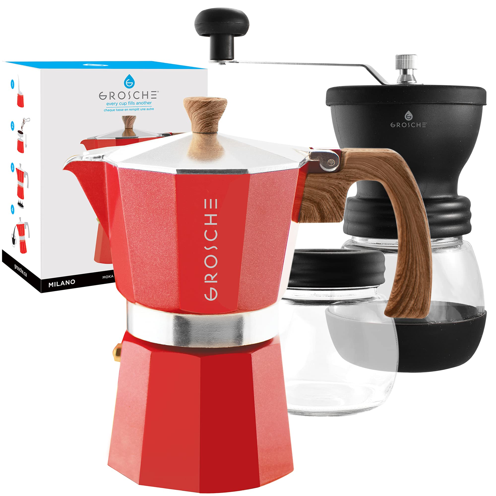 GROSCHE Milano Stovetop Espresso Maker Red 6 Espresso Cup Size And