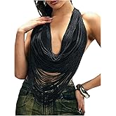 MakeMeChic Women's Fringe Draped Halter Top Sleeveless Tie Backless Summer Y2K Crop Tops