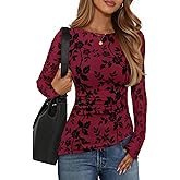 ZESICA Womens Floral Long Sleeve Shirts 2026 Spring Boat Neck Mesh Ruched Tops Fitted Asymmetrical Going Out Blouses