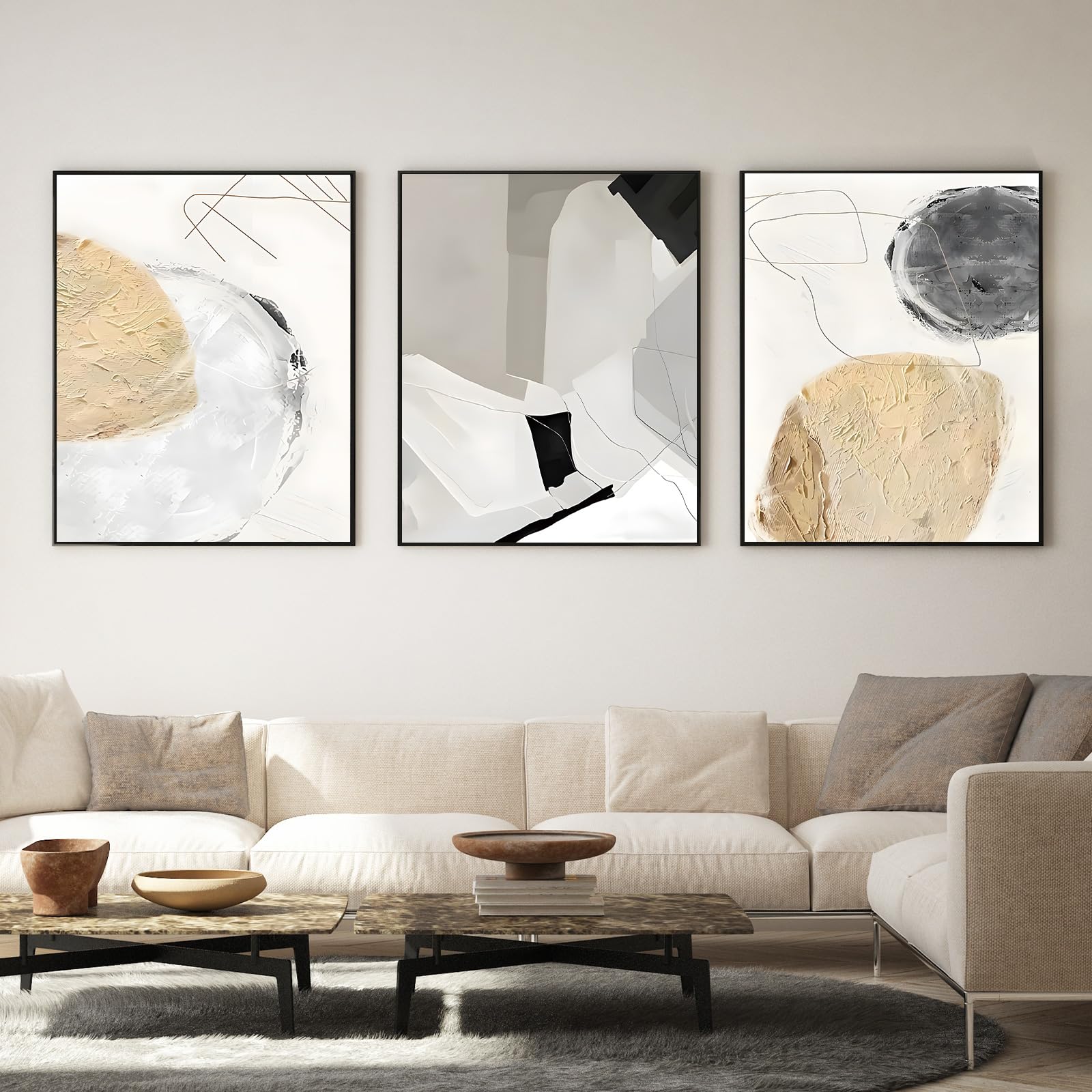 IUNTWEIE Abstract Posters Set of 3 Modern Wall Picture Posters Abstract Geometric Pictures Gold Circular Geometric Canvas Picture Living Room Decoration, Without Frame (E, 60 x 90 cm x 3)
