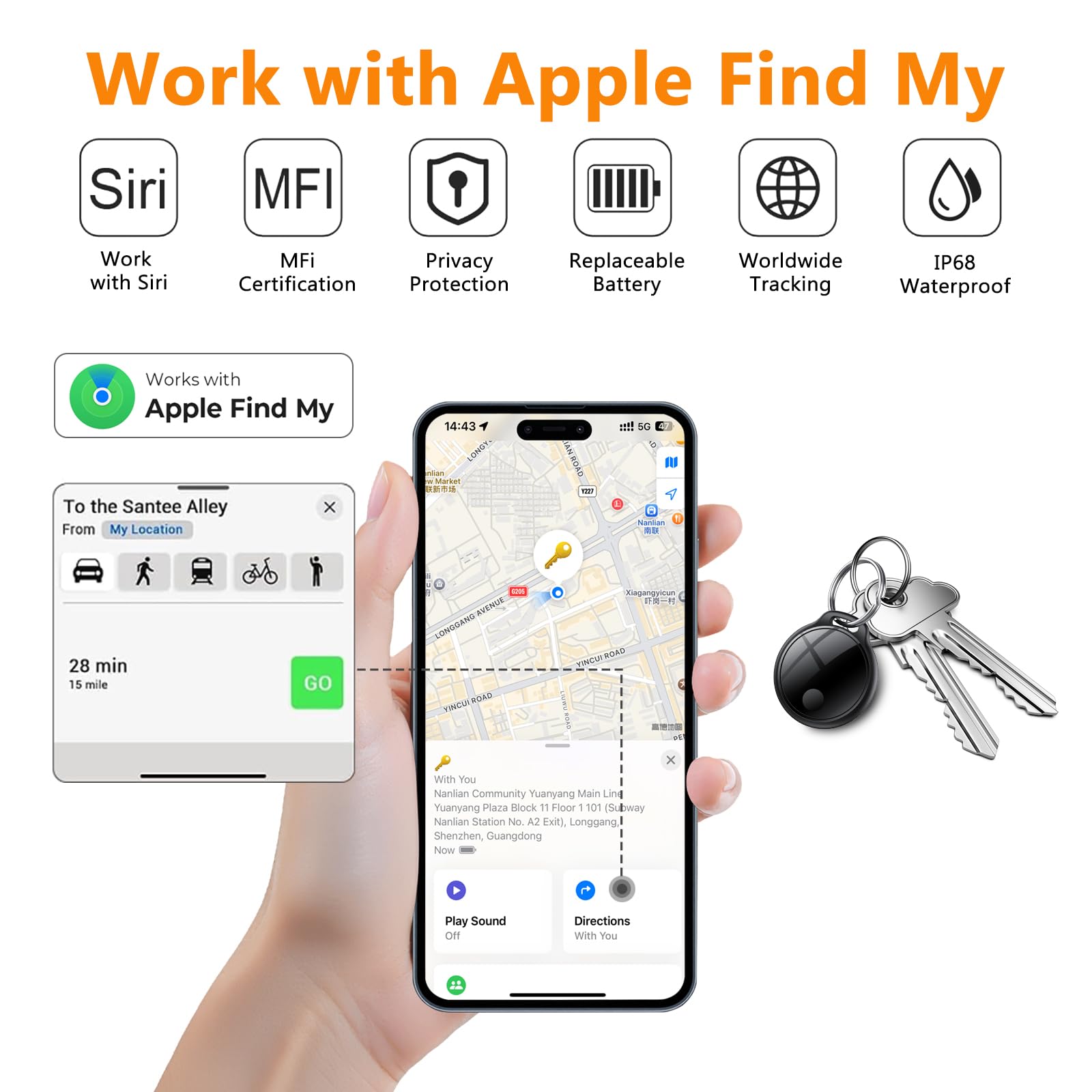 Smart Tracker Tag 4er Pack, Schlüssel Finder Kompatibel mit Apple Find My APP (nur iOS), IP68 wasserdicht, Austauschbarer Akku, Bluetooth Key Finder für Gepäck/Taschen/Koffer/Brieftasche 2