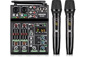 DGNOG Professional Audio Mixer, 4 Channel Sound Mixer With Dual Wireless Mic, Sound Board Console MP3 Bluetooth 48V Phantom Power USB Interface DJ Mixing for Home Karaoke Party Computer Studio Recording