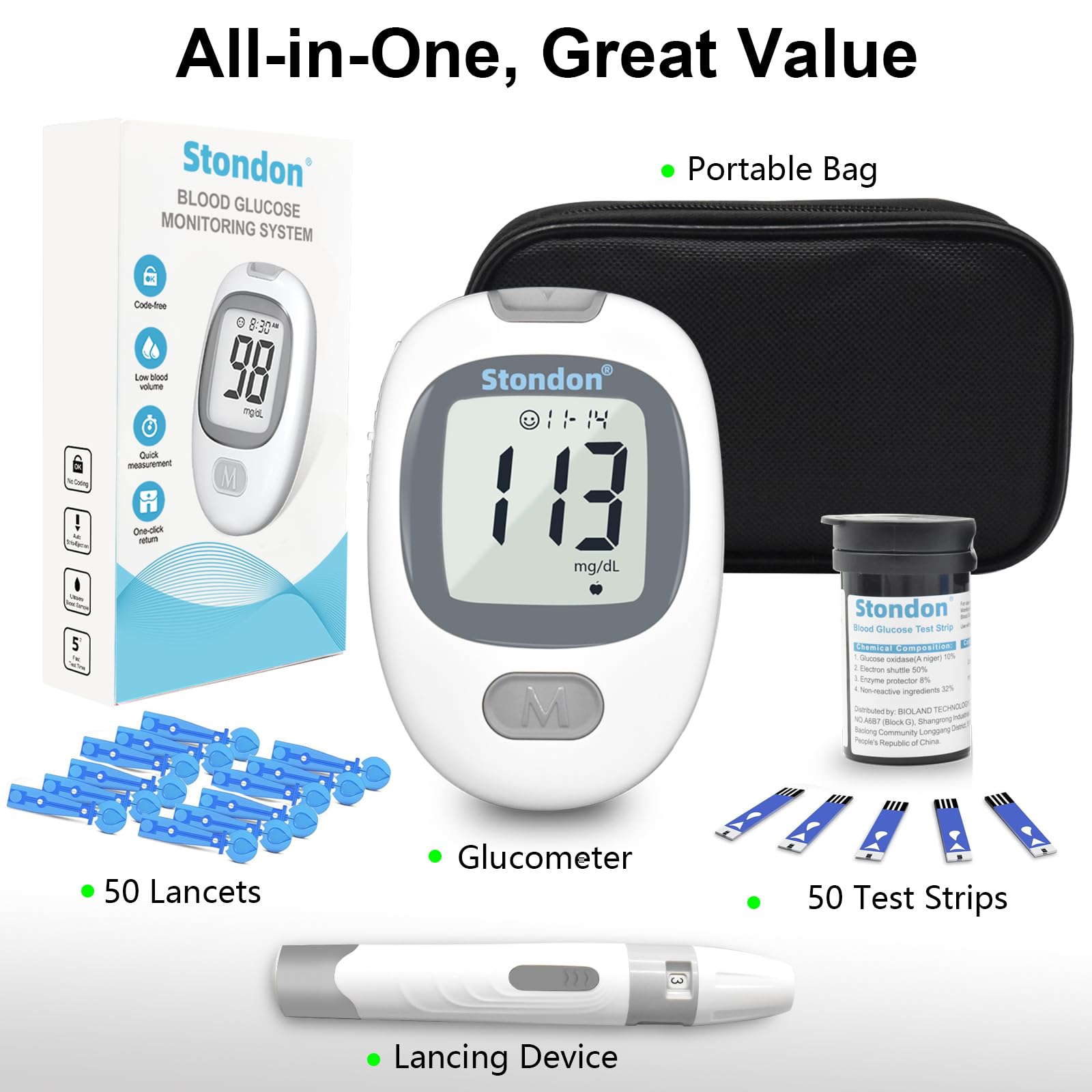 G430 Blood Glucose Monitor Kit, 50 Test Strips & 50 Lancets, 1 Control Solution, 1 Blood Sugar Monitor, 1 Lancing Device, Diabetes Testing Kit, No Coding, Large Display, Glucometer for Home Use