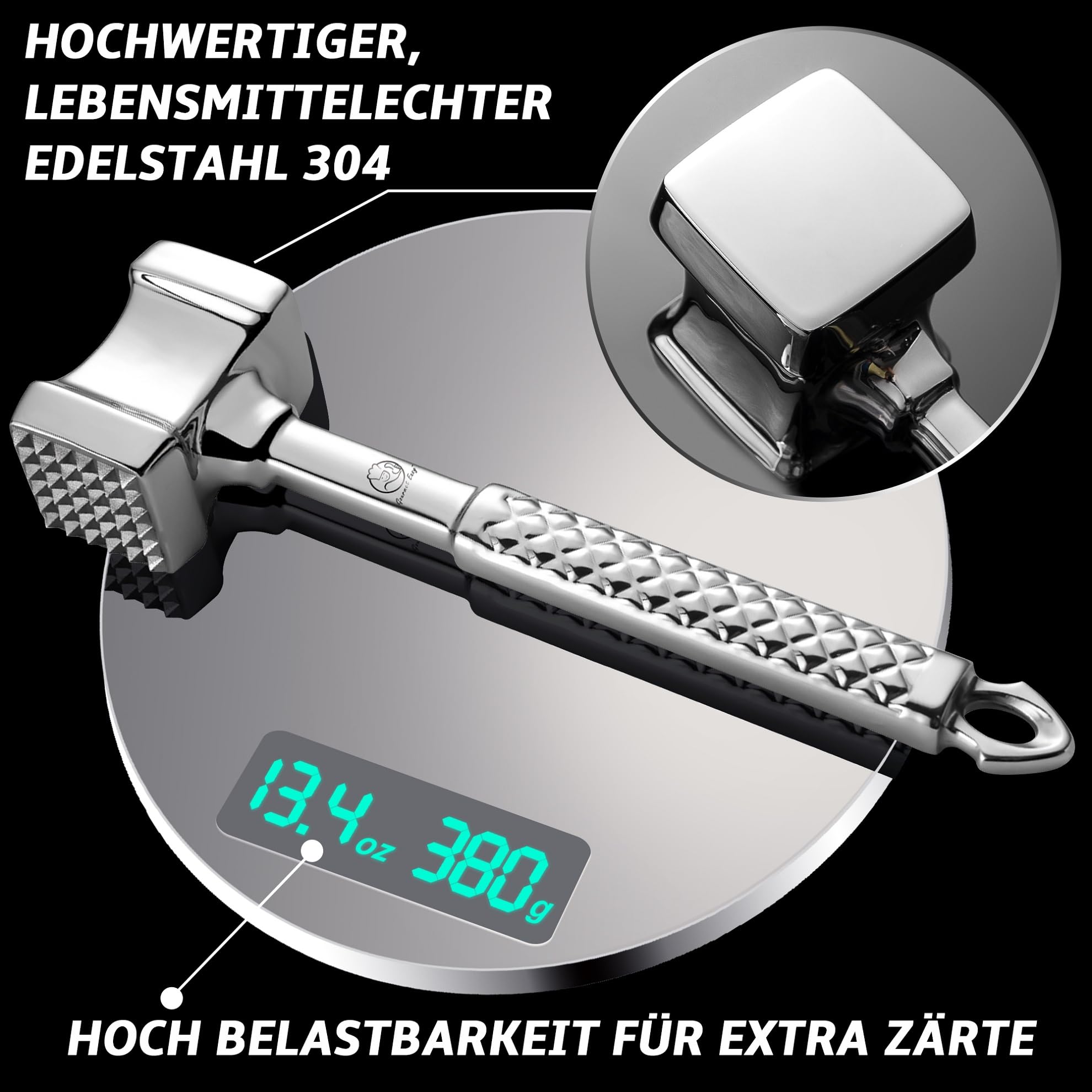 Fleischklopfer Edelstahl spülmaschinenfest - Original Design - Doppelseitiger Schnitzelklopfer ideal für Schnitzel, Koteletts, Steaks - Fleischhammer mit 5 Jahre Garantie 4