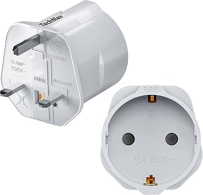 TechMax European to UK Plug Adaptor Pack of 2 13A Fused 250V Grounded Type G