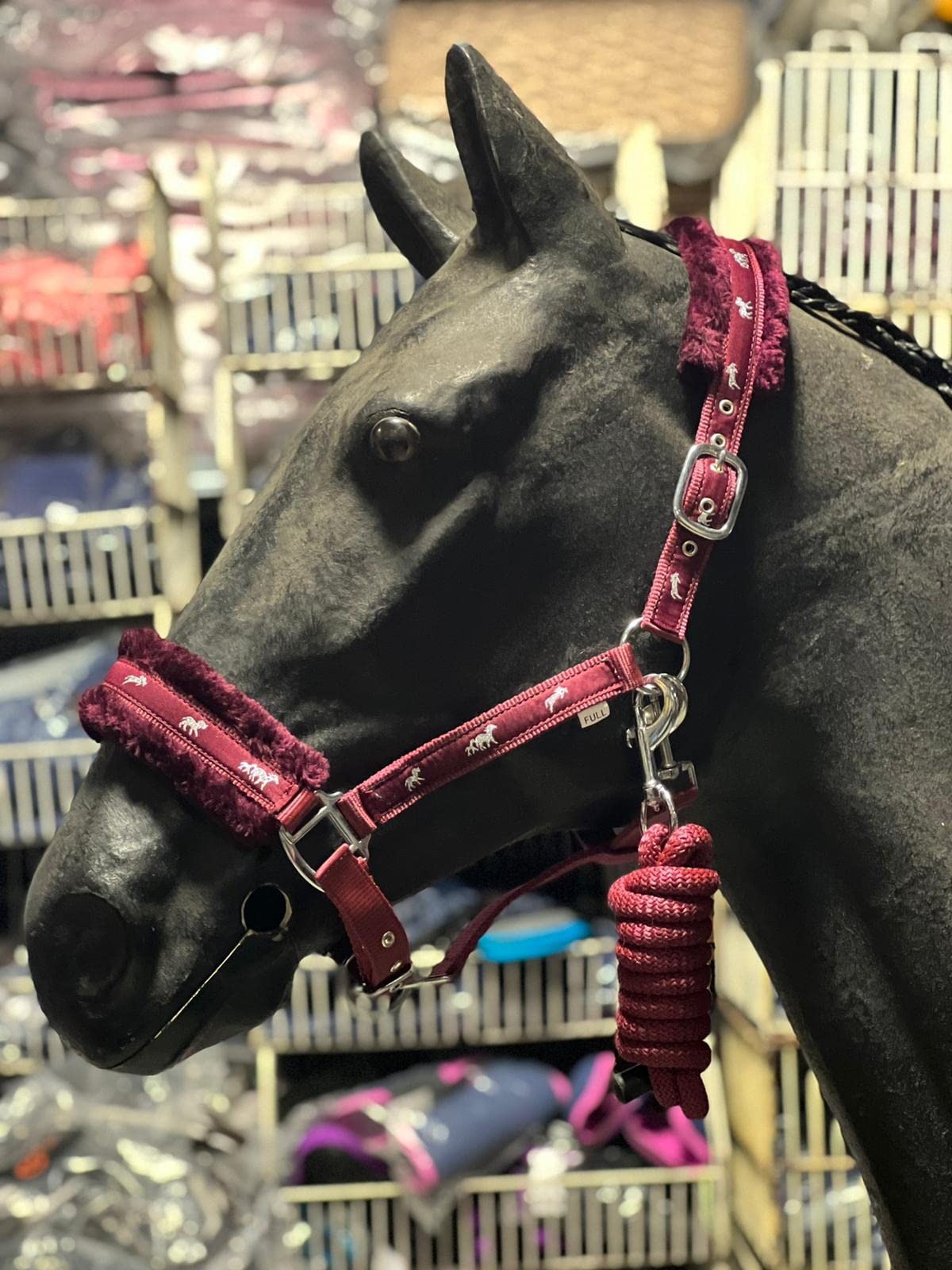 Equipride Horse Print Faux Lined Nylon Headcollars with Matching Lead Rope Bordeaux (Cob)