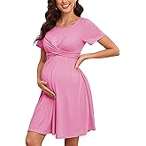 AISWI 2024 Summer Maternity Dress Criss Cross Self Tie Short Sleeves A-line Mini Baby Shower Casual Pregnancy, Rose, XX-Large