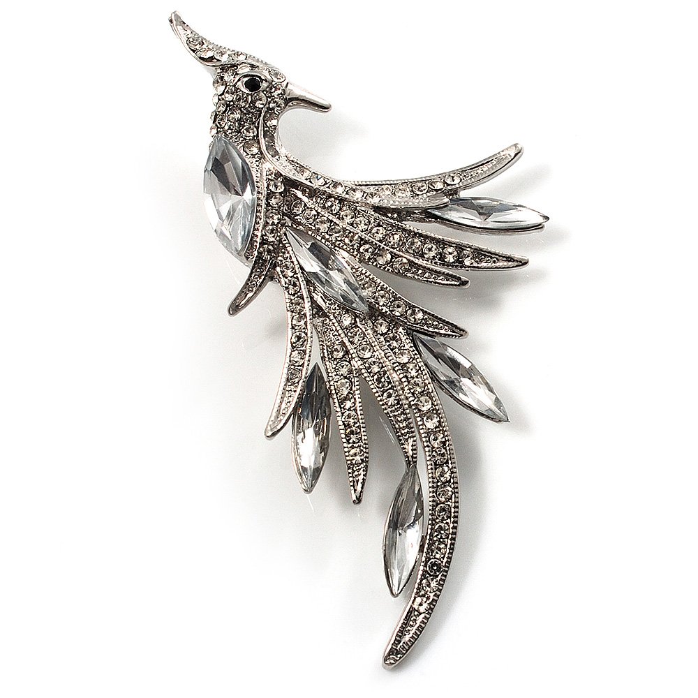 Avalaya Sparkling Crystal Fire-Bird Brooch (Silver Tone)
