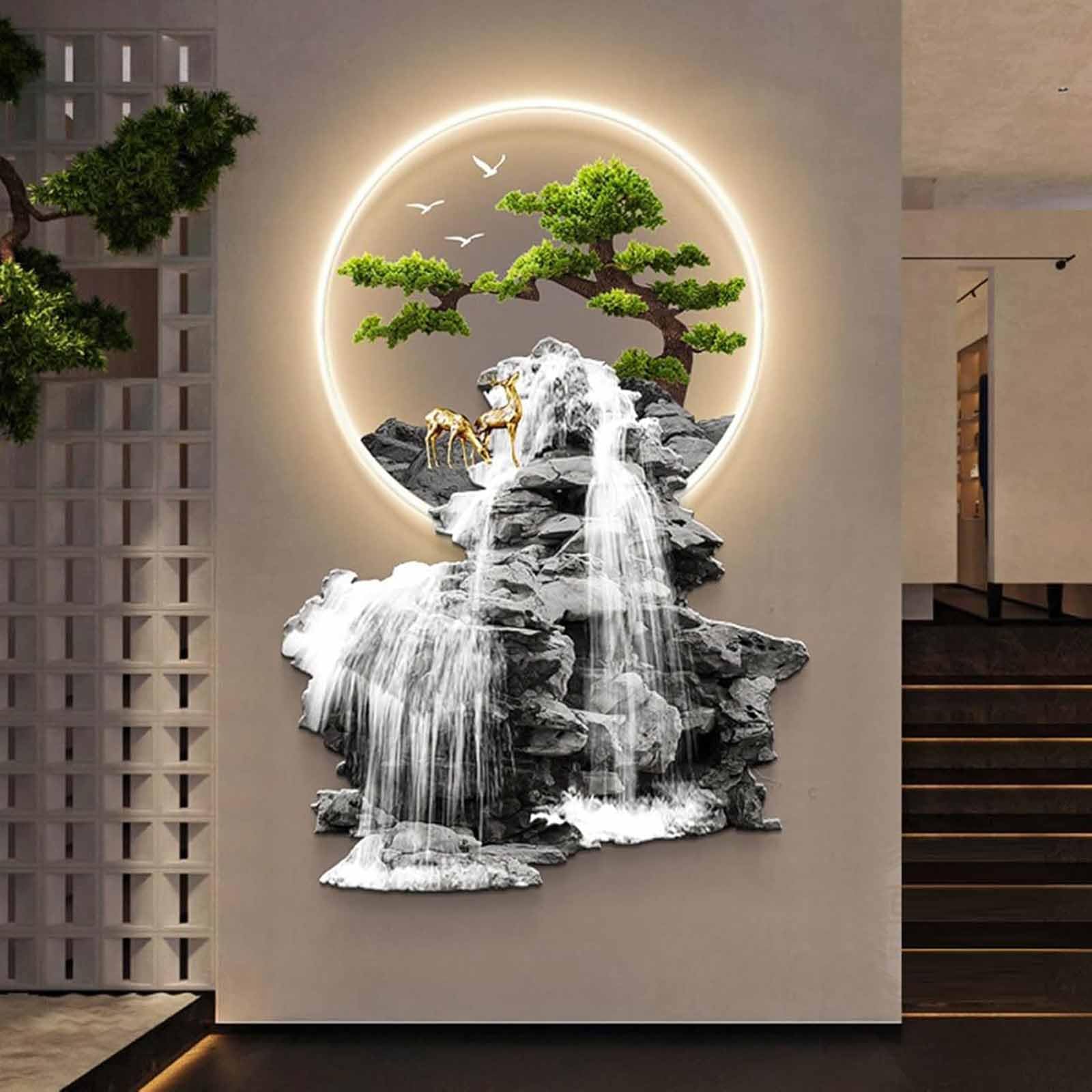 Photo 1 of **DENT DAMAGE**3D Oriental Waterfall Wall Art with LED Light,Oriental Welcoming Pine Landscape for Living Room Office Decor,Modern Art Wall Decor Sculptures, Plug-in Power Supply, Remote Control?50 * 75cm?