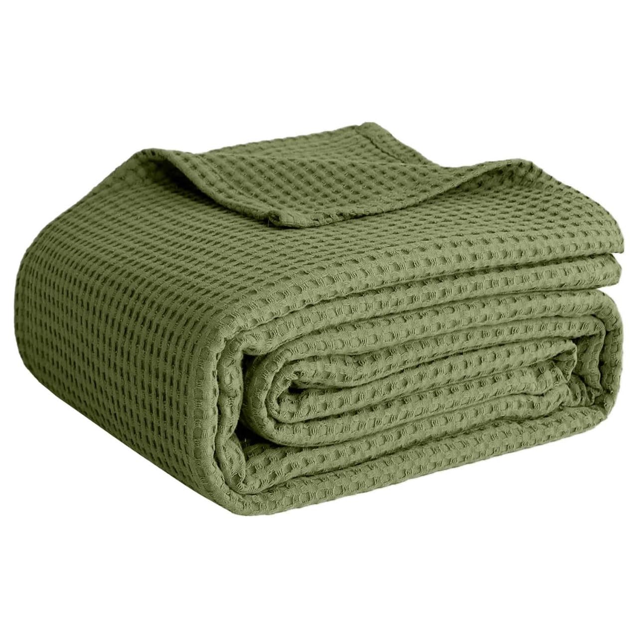 Photo 1 of 100% Cotton Blankets Throw Size for Bed - Waffle Weave Blankets for Summer, Lightweight and Breathable Soft Woven Blanket for Spring, White, (Olive Green, Throw (50" x 60"))