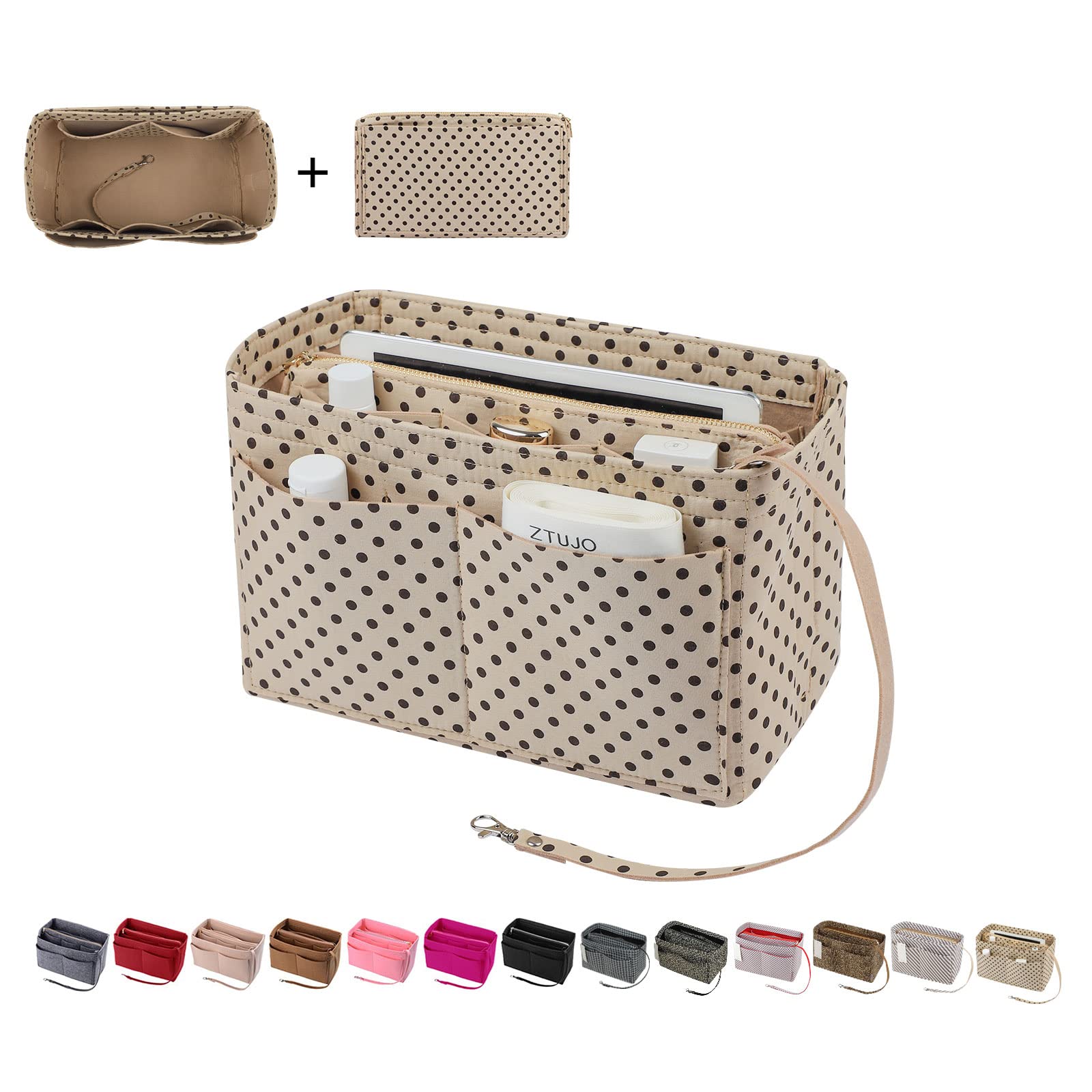 Photo 1 of ZTUJO Purse Organizer Insert, Felt Bag Organizer with Metal Zipper, Handbag & Tote Shaper, For Speedy Neverfull Tote, 7 Sizes (Small, Brown polka dots Beige
