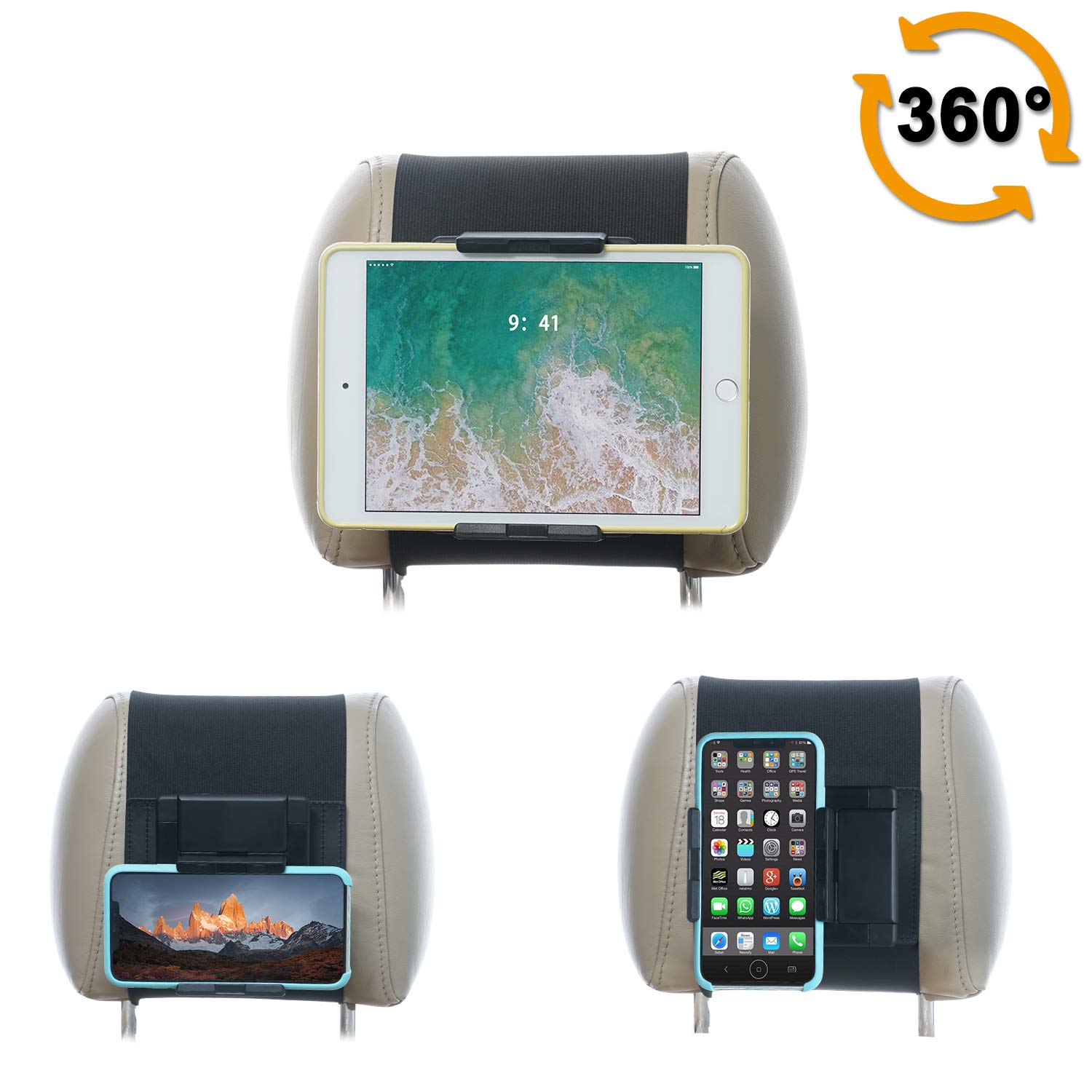 WANPOOL Car Headrest Mount, Swivel Car Headrest Mount Holder for 5-10.5 Inch Phones and Tablets, Black