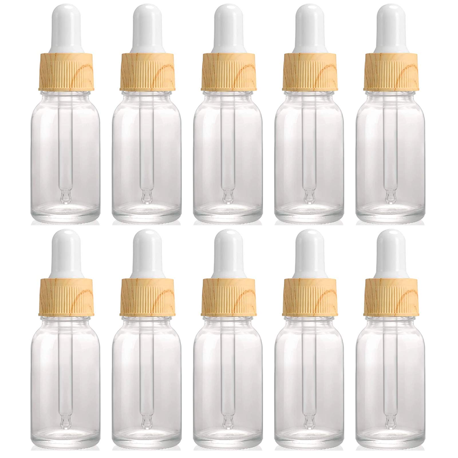 Alledomain 10Pcs, 10ml Clear Glass Bottles with Dropper Pipettes, Mini Empty Dropper Bottles Wood Grain Plastic Cap Refillable Sample Container for Essential Oil/Aromatherapy Blends/Chemical Liquid