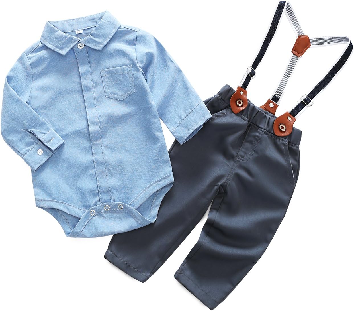 Baby Boy Casual Suit 2pcs Cotton Long Sleeve Solid Color Onesie Shirt Pant with Suspenders Outfits Clothes Set