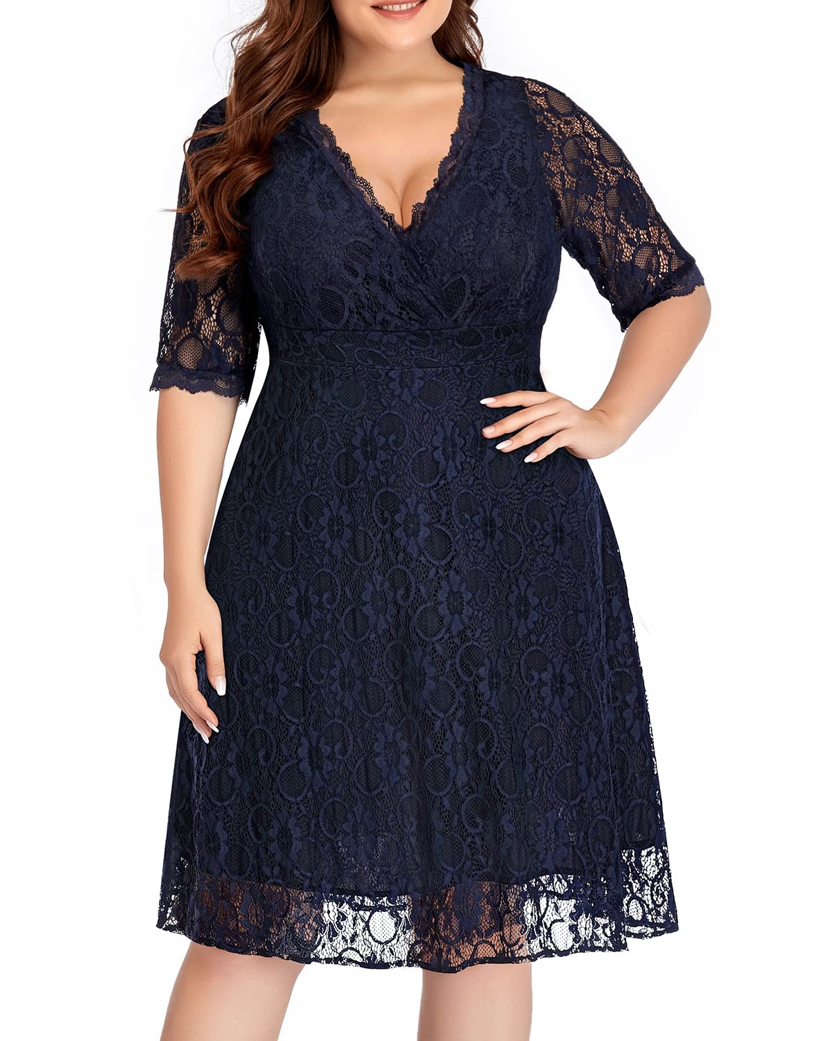 v neck navy blue formal plus size dress