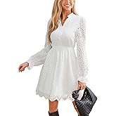 CUPSHE Womens Mini Dresses V Neck Long Sleeve Ruffled Hollow Out Lace Casual Fall Outfit Party Short Weddding Guest Dress
