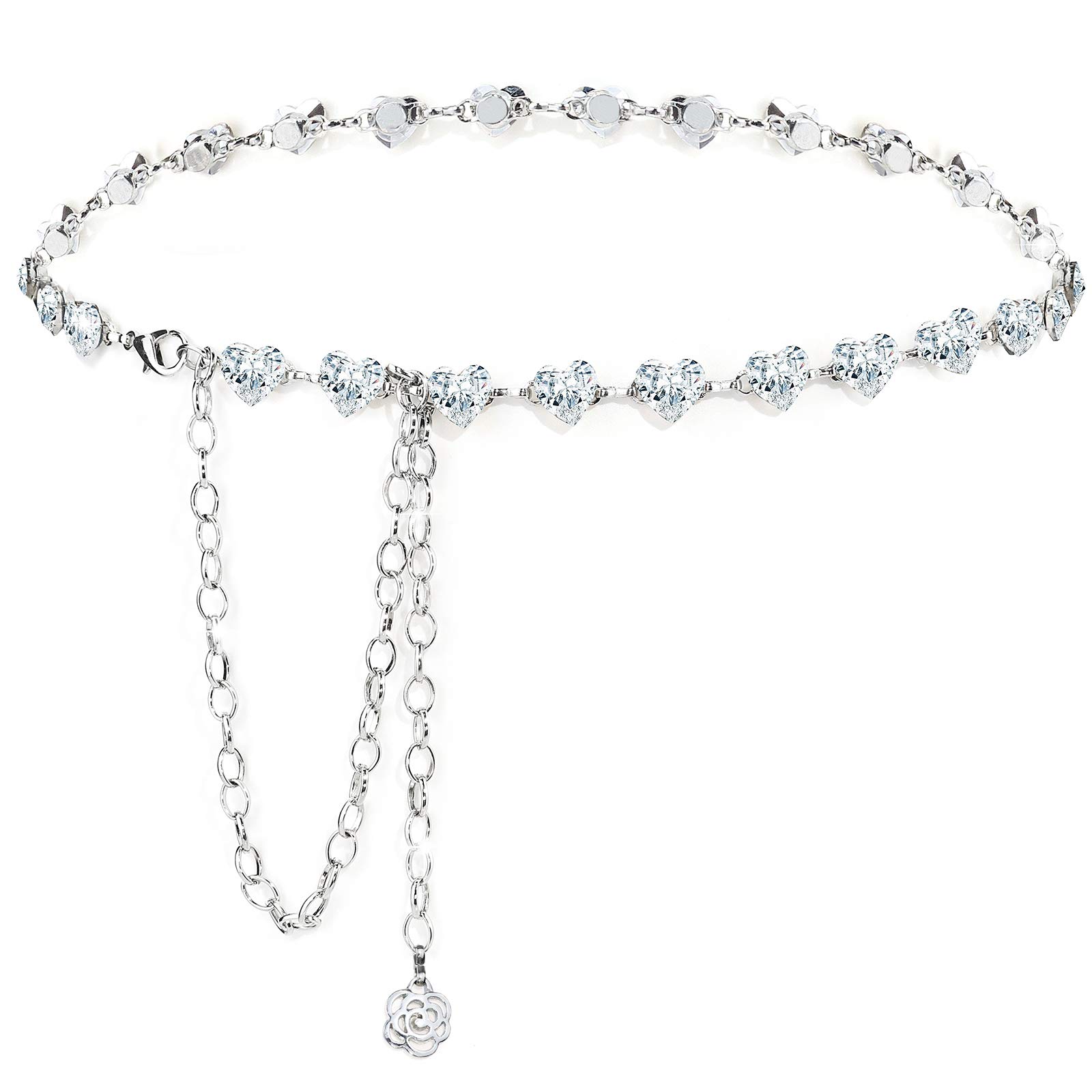 YooAi Waist Chains Belt Heart Crystal Belly Body Chain Jewelry for Women Girls Silver120cm