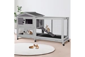 Suumerpety 62" Rabbit Hutch with Chew-Proof Ramp & Waterproof Roof - Indoor/Outdoor Bunny Cage, 2-Story Design, 6 Lockable Caster Wheels & Dual Pull-Out Trays (Grey)