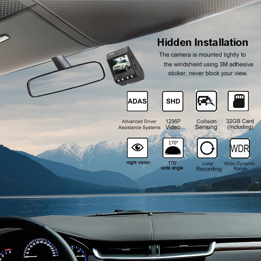 Dash Cam, Senwow Car Camera (32GB SD Card Included) 1296P Super HD Video Recorder 170° Wide Angle Dashboard DVR Camcorder Built-In ADAS LDWS FCWS G-Sensor WDR Loop Recording Night Vision Parking Guard