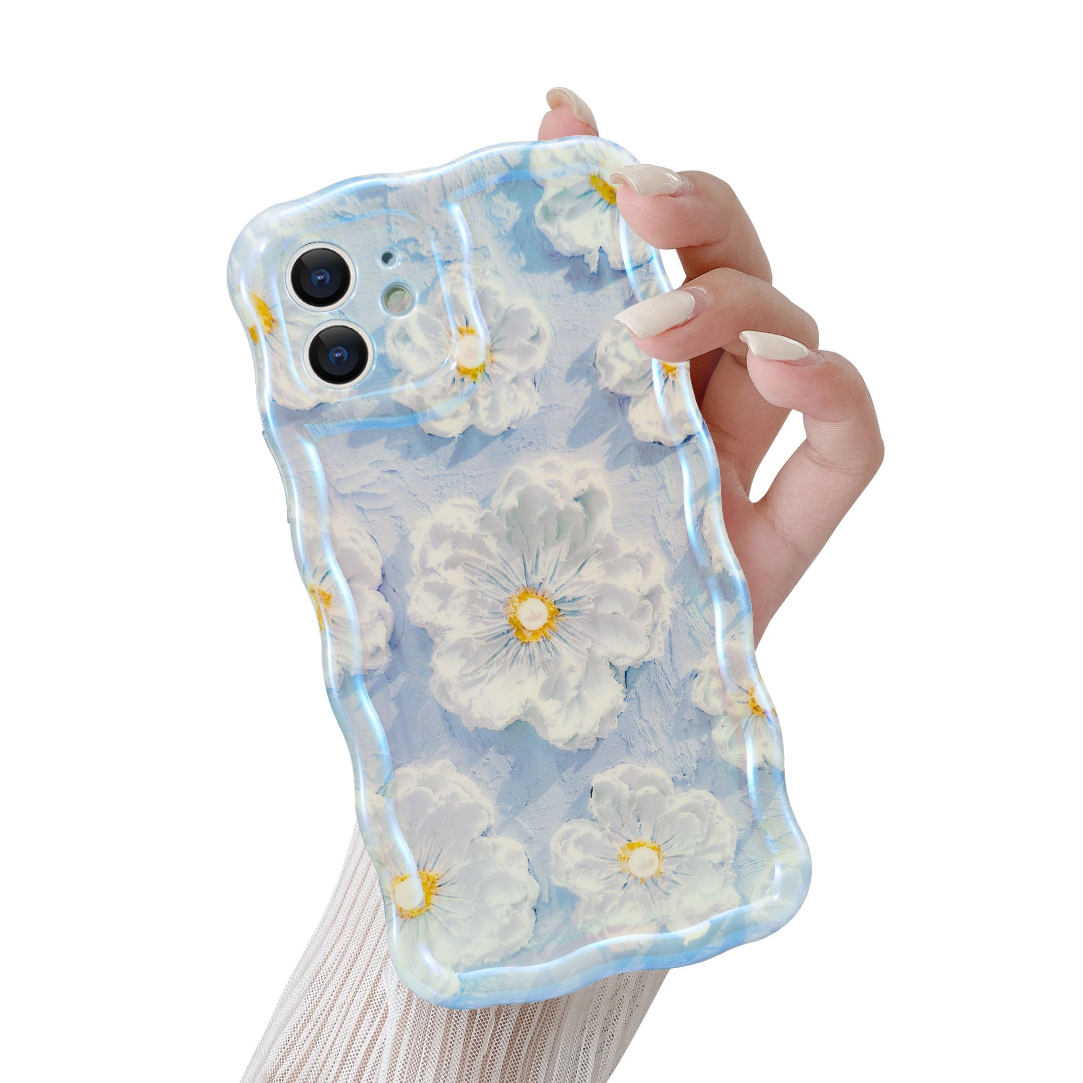 QLTYPRI Compatible with iPhone 12 Case, Oil Painting Floral Flower Pattern Design for Girls Women, Cute Curly Wave Frame Slim Soft Silicone TPU Bumper Shockproof Phone Cover for iPhone 12 - Blue — image 1