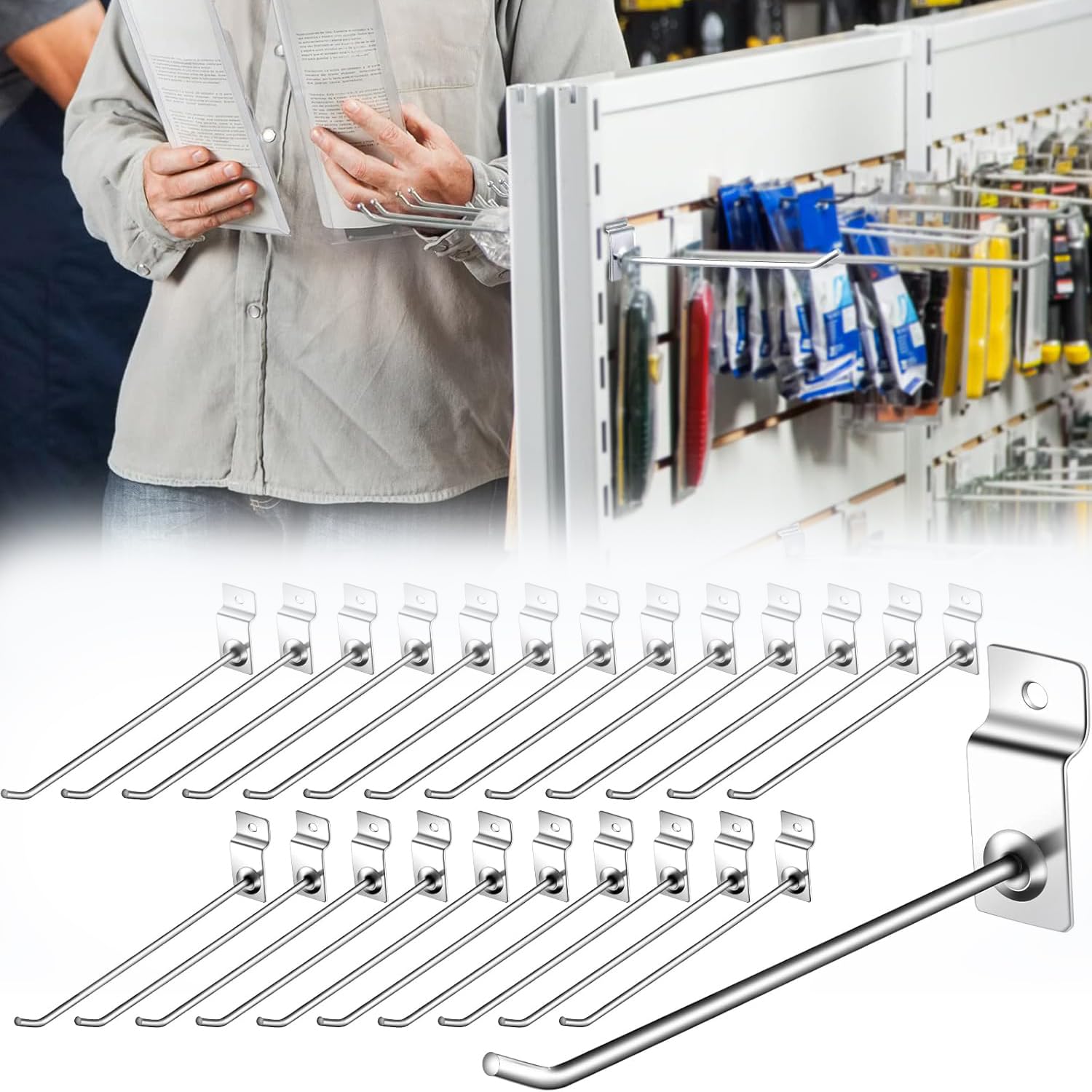 ybaymy Slat Wall Hooks 100 pcs Gridwall Display Hooks slatwall Accessories 15 cm Pegboard Metal Hanger Hook for Supermarket Shop Garage Retail Shop Display