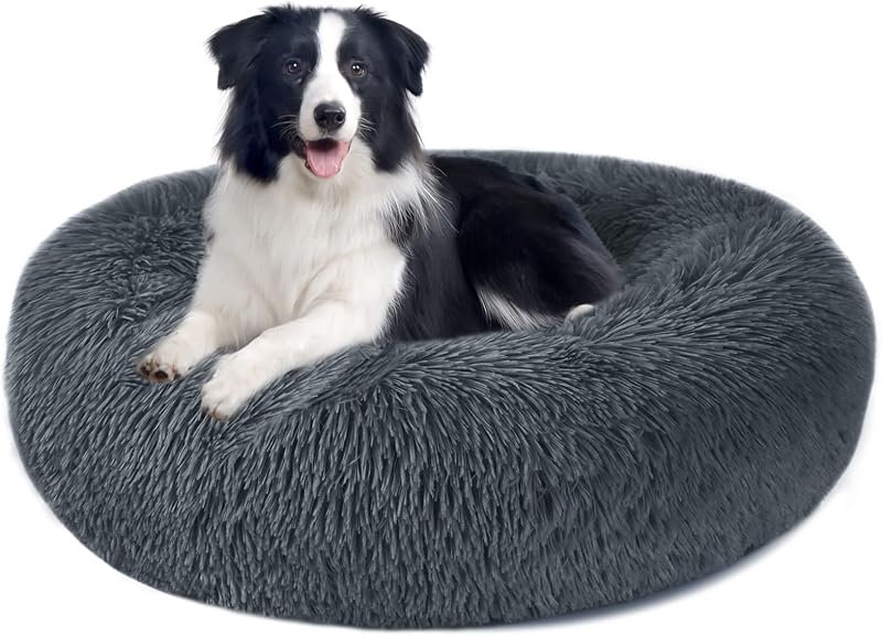 Nepfaivy Calming Donut Bed 90CM Dark Grey Plush Non Slip xxxl
