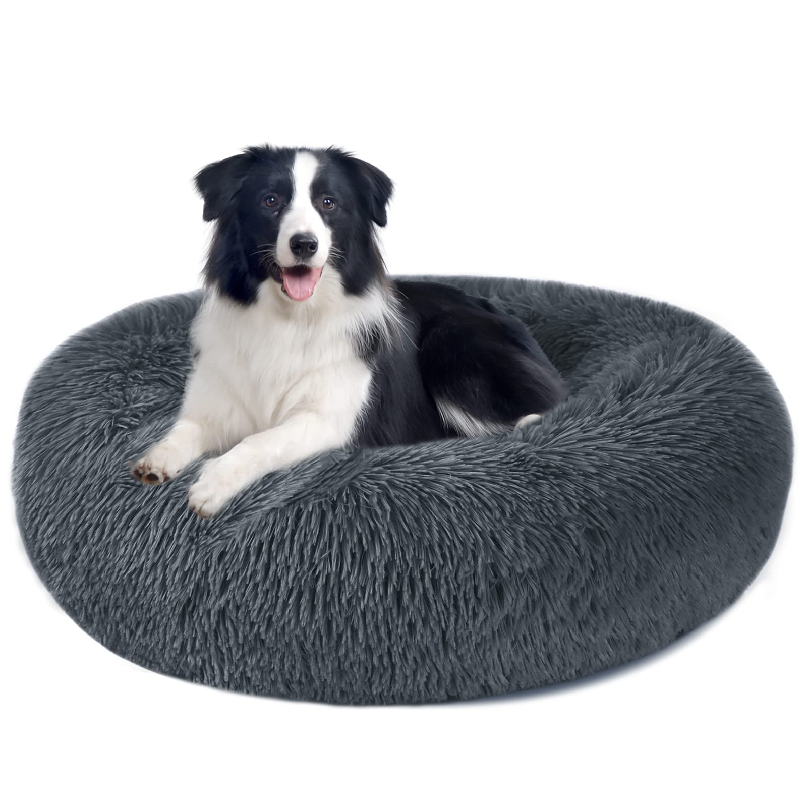 Nepfaivy Calming Dog Cat Donut Bed - Fluffy Plush Puppy Kitten Cuddler Round Bed, Warm and Soft Pet Cosy Anti Anxiety Beds with Non-Slip Bottom and Washable (XXXL- 90CM, Dark Grey) — image 1