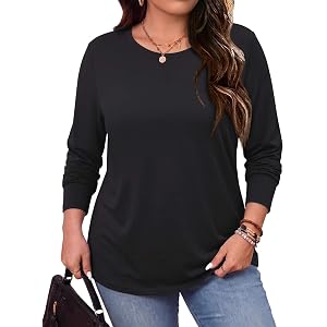 IN'VOLAND Womens Plus Size Long Sleeve Shirts Crew Neck Basic Tee Fall Tops | Lightweight T-shirts,Casual Blouses,Fall Outfit