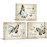 Biuteawal 3 Piece Vintage Butterfly Wall Art Motivational Quote Picture Poster Prints with Floral Painting Stretched Ready to Hang Home Bathroom Decor