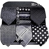 Hi-Tie Lot 5 Pcs Gift Box Mens Tie Set Necktie with Pocket Square Cufflinks Silk Neck Tie Collection