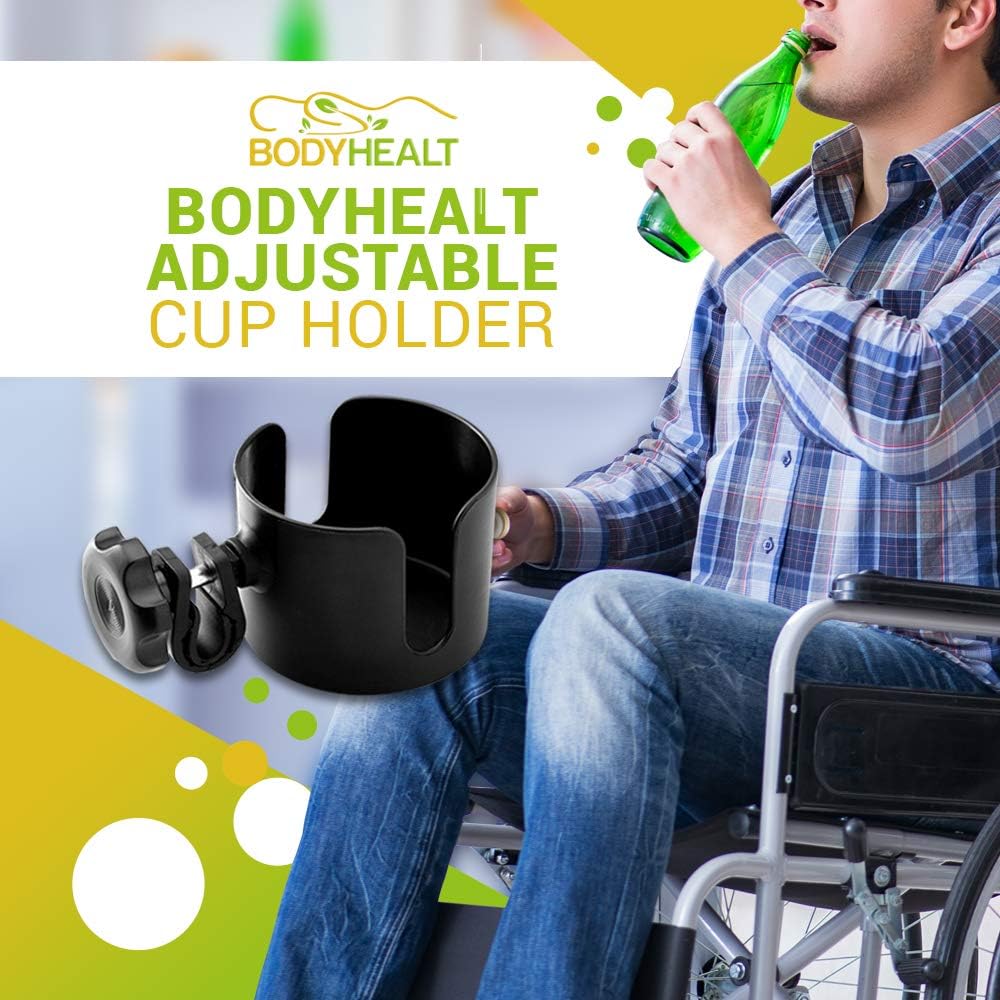 BodyHealt Adjustable Cup Holder - Black - for Any Kind of Strollers, Walkers, Wheelchairs, Rollator & Knee Scooters Universal Drinking Cup Holder, Bottle Holder, No Screws Required: Health & Personal Care