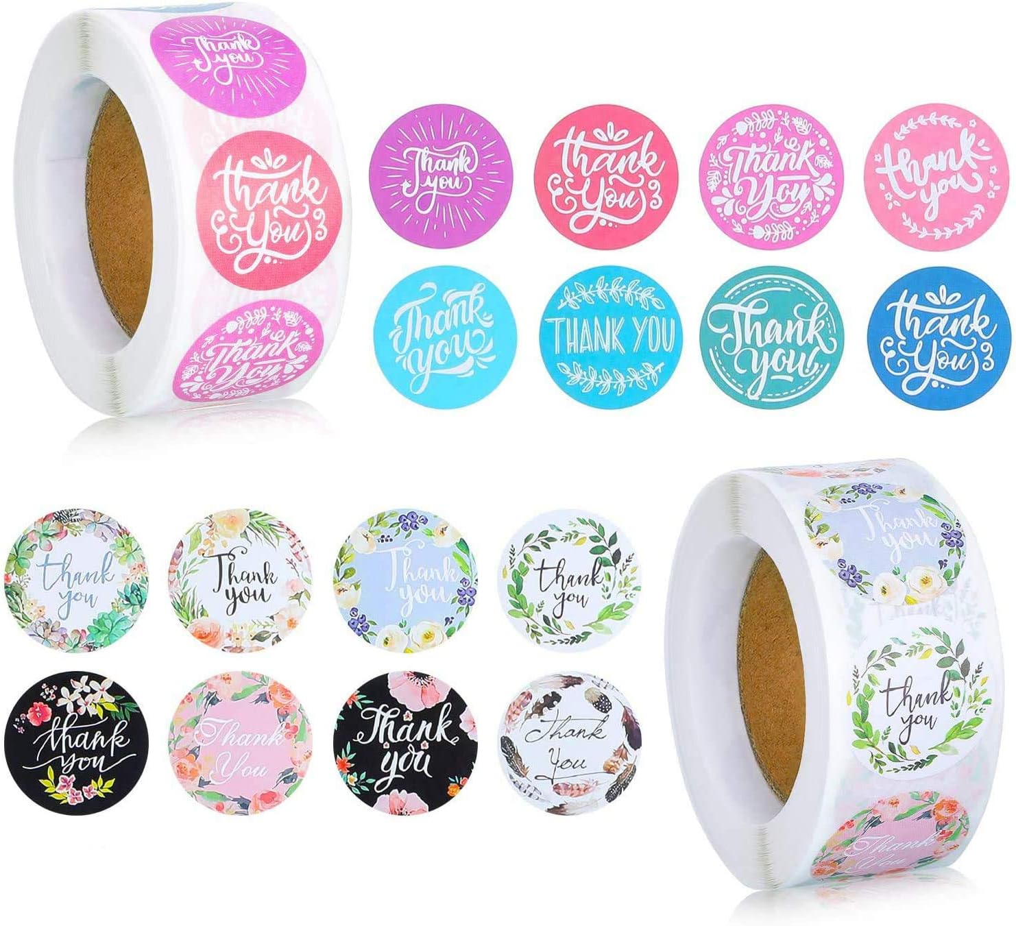 Excefore Thank You Stickers Labels Roll for Business Favors Birthday Gift Bags Baby Shower Wedding 1000 Labels 2 Roll Waterproof, Designs Thank You Stickers Round Kraft Roll
