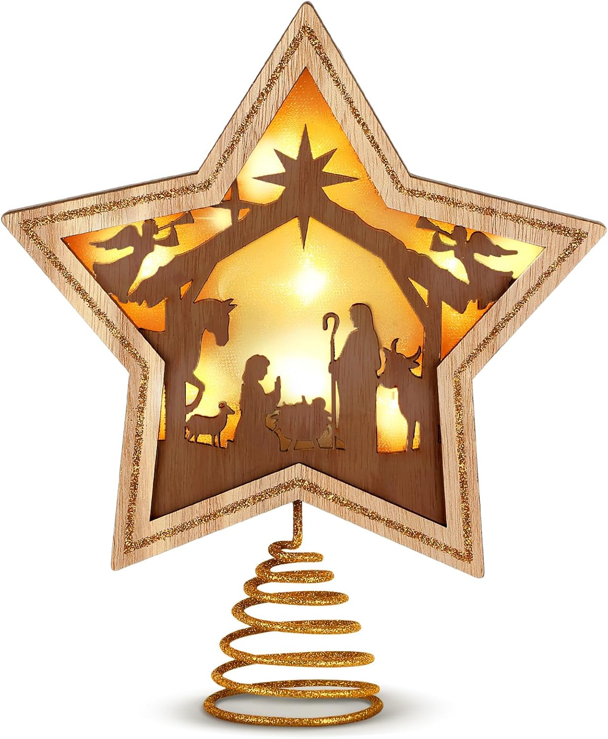 Tree Toppers - Craftsatin 9.2 x 7.8 Inch Brown Wood Christmas Tree Topper Golden Star Nativity Tree Topper Star of Bethlehem with LED Light for Christmas Party Decoration Tabletop Display Housewarming Birthday Gift