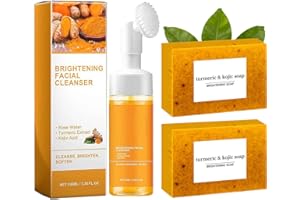 Turmeric Soap Bar & Face Wash Set, Turmeric Facial Cleanser with Brush & Kojic Acid Soap for Dark Spots, Deep Cleansing, Exfo