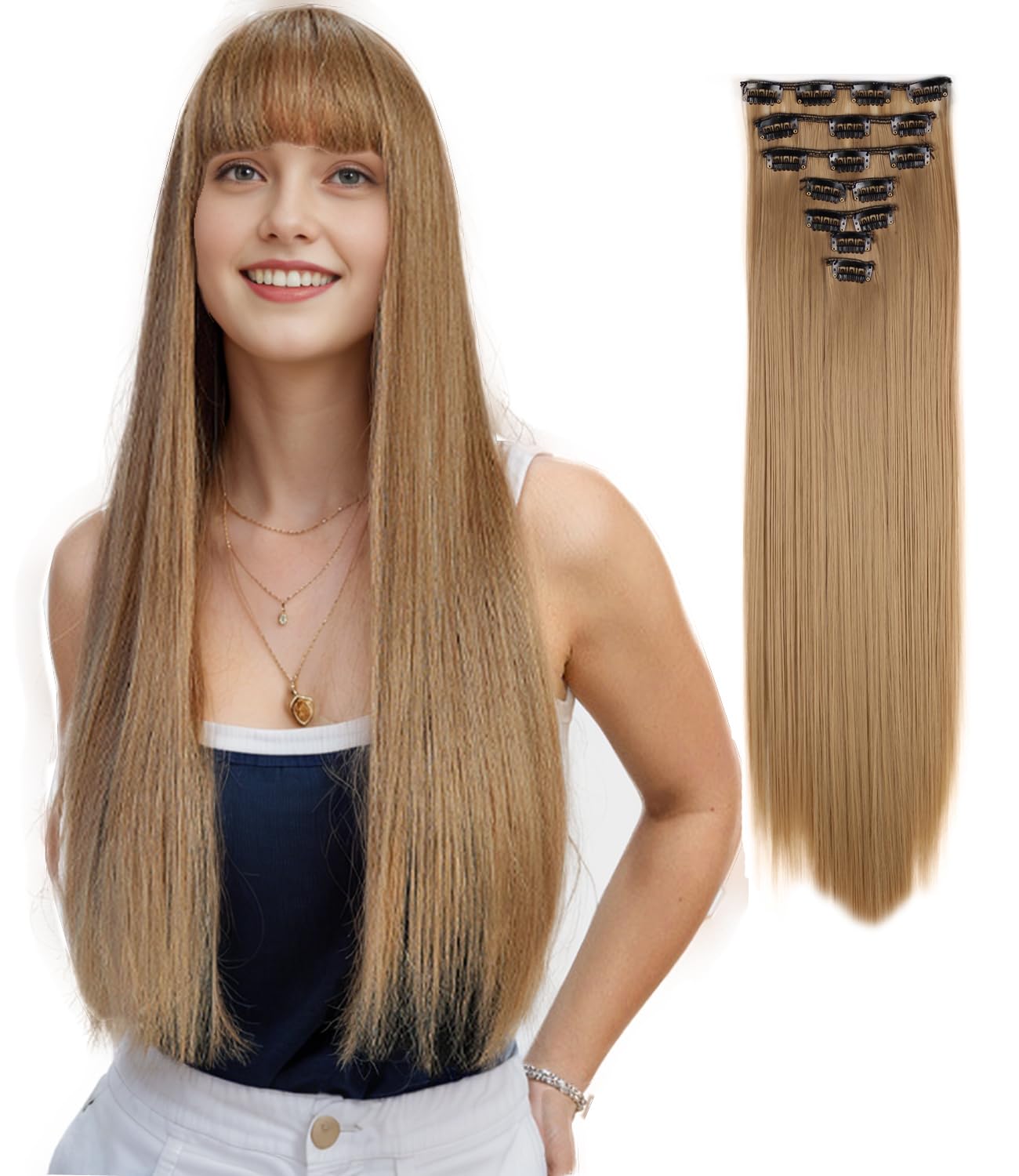 Royalfirst Clip in Hair Extensions for Women 22 Inch 7PCS Clip Ins Long Straight Hair Extension Double Weft Synthetic Thick Hairpieces Halloween Cosplay Daily Use (18#)