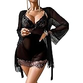 Avidlove Women 3 Piece Sexy Lingerie Set Floral Lace Trim Mini Babydoll Nightgown and Wide Sleeve Robe