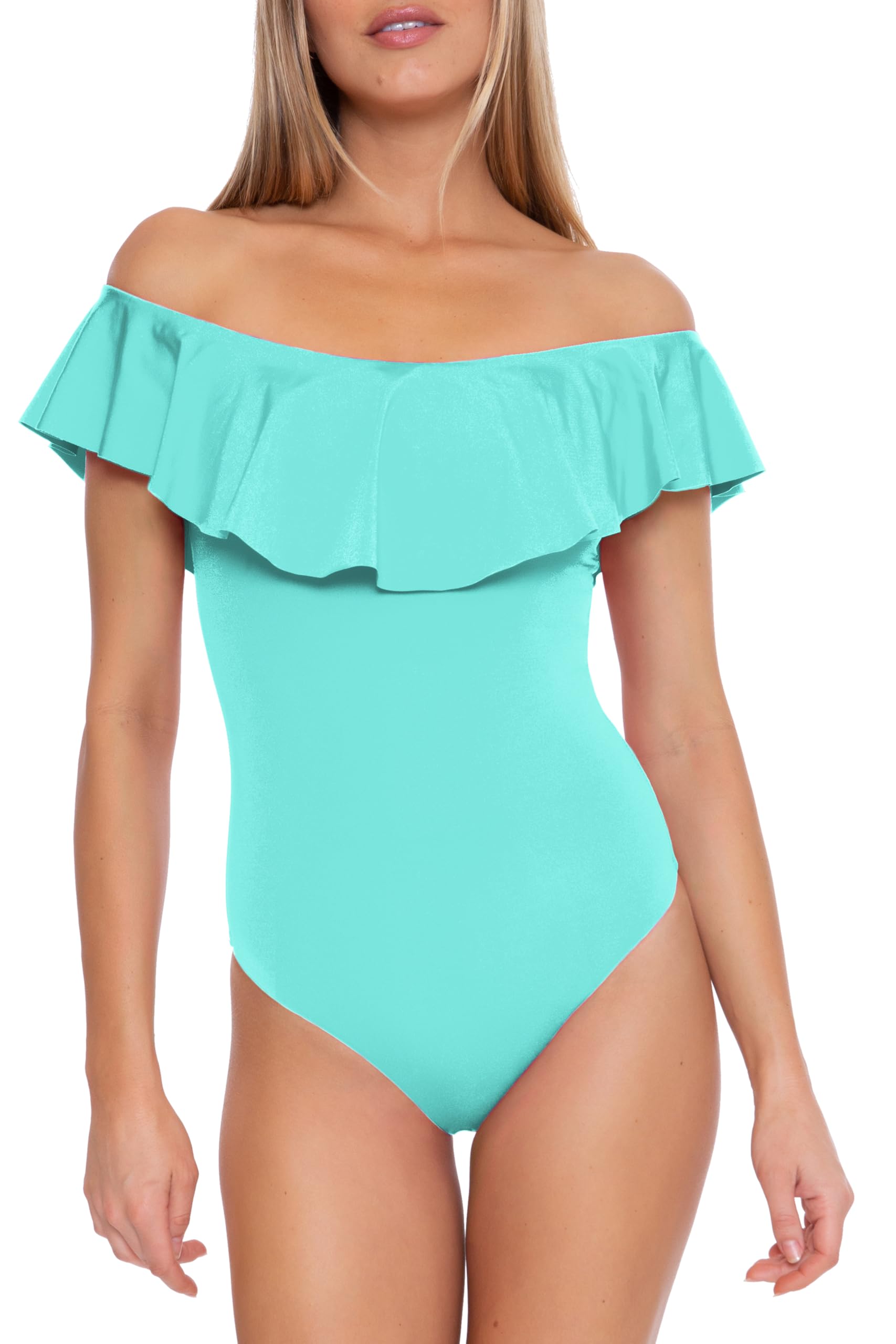 Trina Turk Women’s Standard Ruffle One Piece Swimsuit, Off Shoulder, Bathing Suits, Monaco (Sky), 4