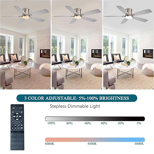 AYAOTY 52 INCH LOW PROFILE CEILING FANS WITH LIGHTS AND REMOTE, FLUSH MOUNT MODERN CEILING FAN, 3CCT DIMMABLE DC CEILING FAN FOR BEDROOM, LIVING ROOM, BRUSHED NICKEL