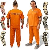 ArtCreativity Orange Prisoner Costume with 6 Outlaw Sleeve Tattoos for Men - Size Medium - Adults Jailbird Inmate Criminal Short-Sleeve Shirt and Pants for Halloween, Role Play, Theme Parties