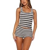 Shorts Set Women 2 Piece Outfits - Stripe Casual Y2K Two Pc Sleeveless Tank Crop Tops and Skinny Booty Shorts Sets