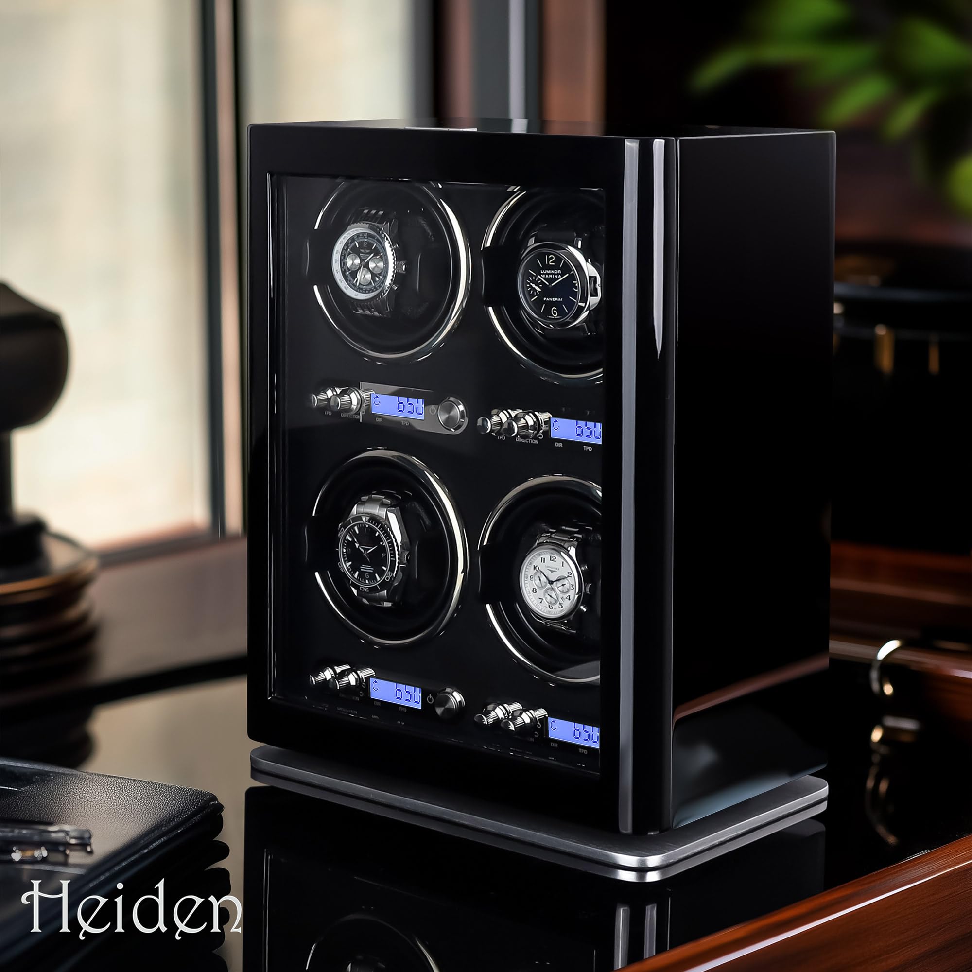 Heiden Quad Watch Winder - Direct Drive Brushless Motor, LCD Digital Controls - Zero Magnetization, 100+ Setting Combination, Ultra Quiet Nova 4 Watch Winder for Automatic Watches Such as Rolex