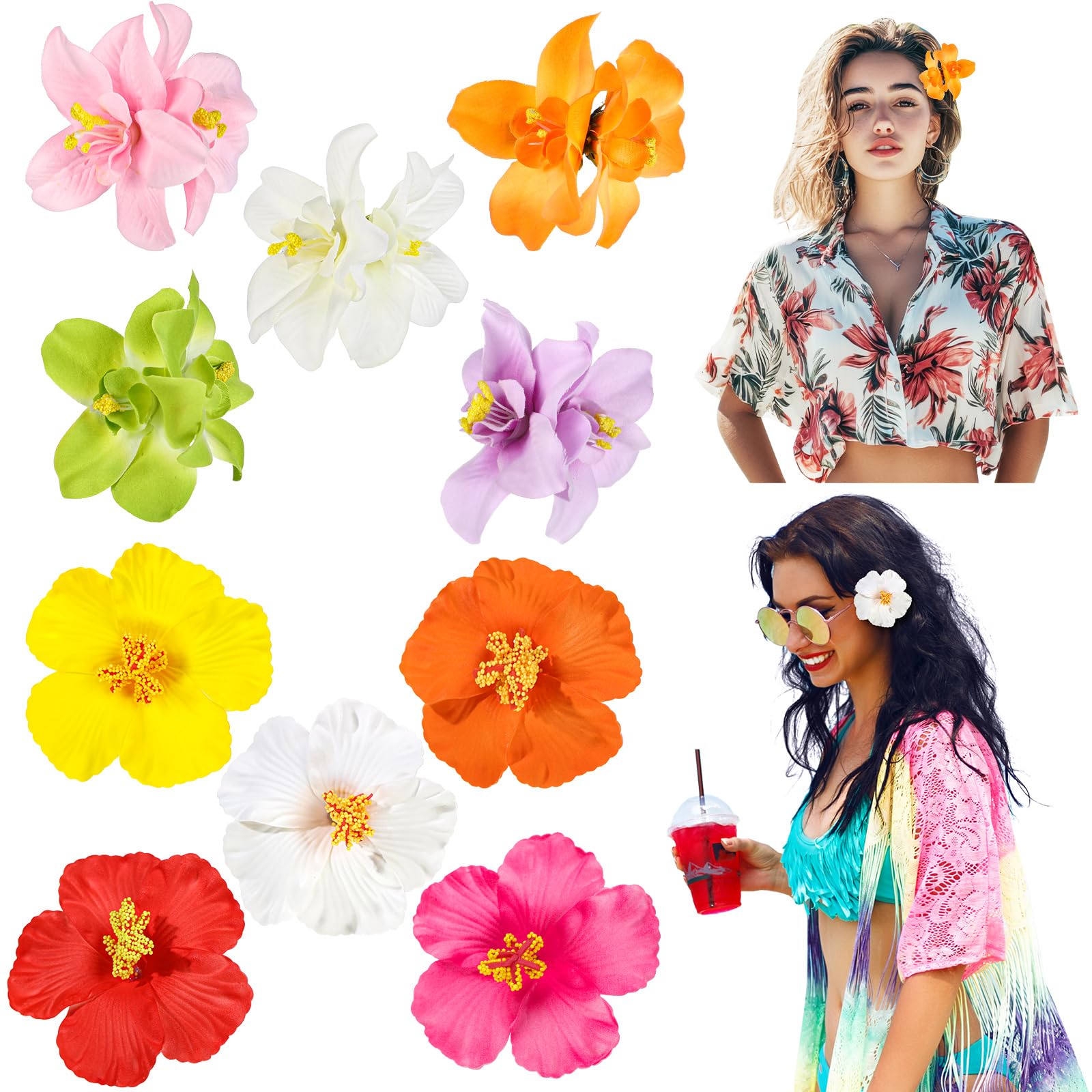 Photo 1 of 10 Pcs Hawaiian Flower Hair Clips for Women, Plumeria Hibiscus Hair Clips, 3.5 Inch Artificial Flower Clips for Vacation Party Beach Seaside